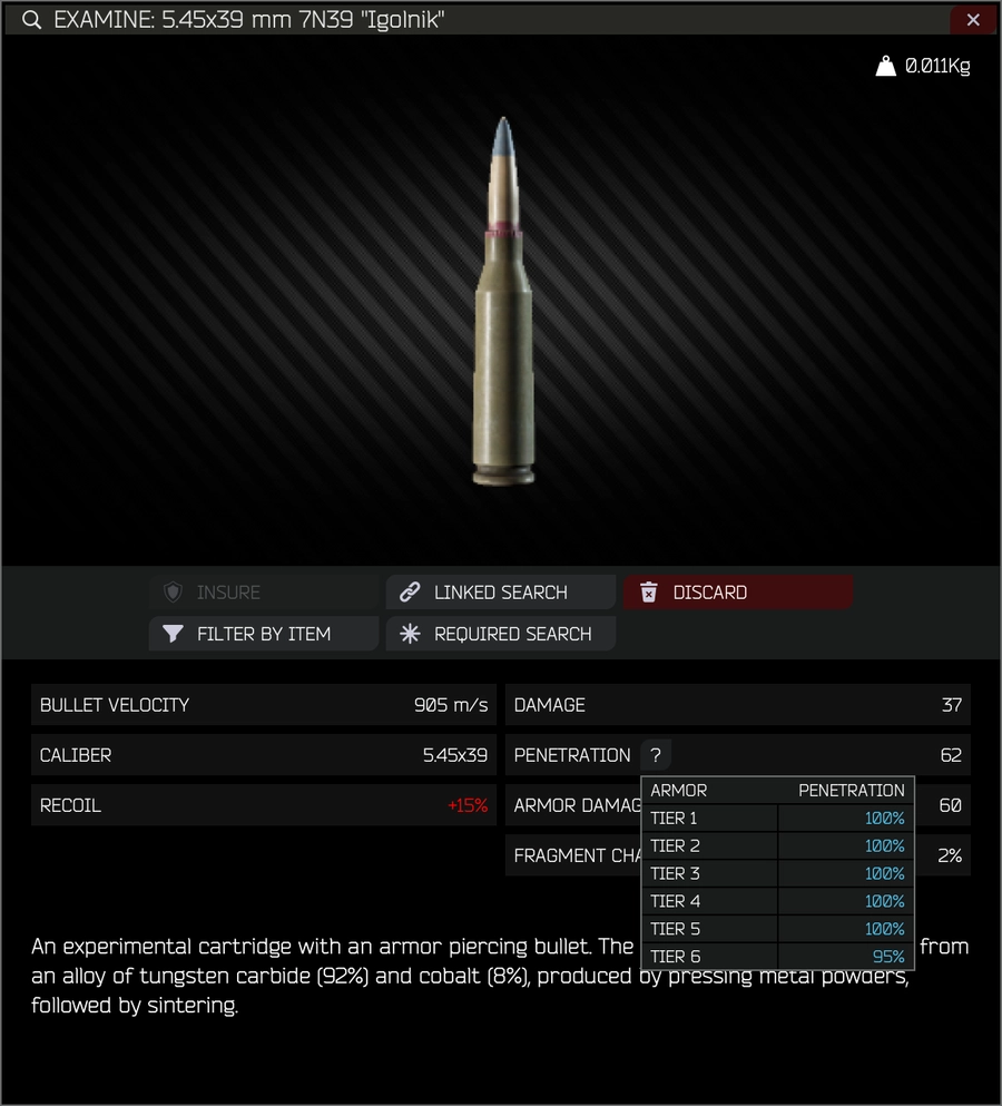 An in-game ammo examine screen where the penetration tooltip overlaps the armor damage and fragmentation stats next to it