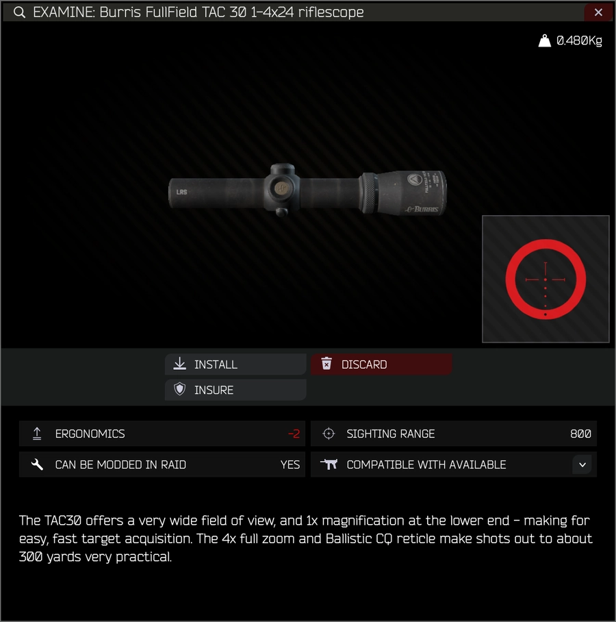 An in-game scope examine screen showing only a single small reticle thumbnail