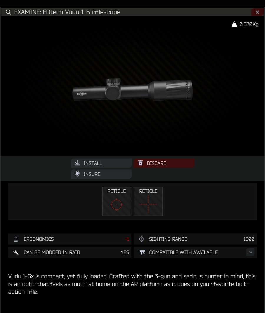 An in-game scope examine screen showing two reticle previews side by side for direct comparison